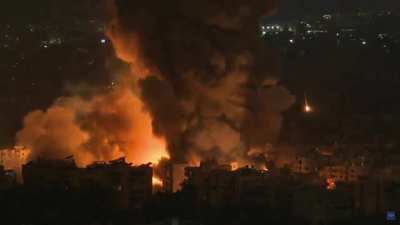 Footage of Israeli attack tonight in Beirut, with intense secondary explosions.