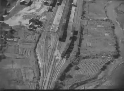 F9F Panther strafing runs against a North Korean train station as well as some other targets on July 25, 1950.