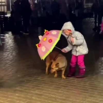 Little girl protecting her doggo from the rain