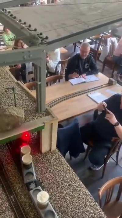 A restaurant in Prague where food and drink orders are delivered to your table by train