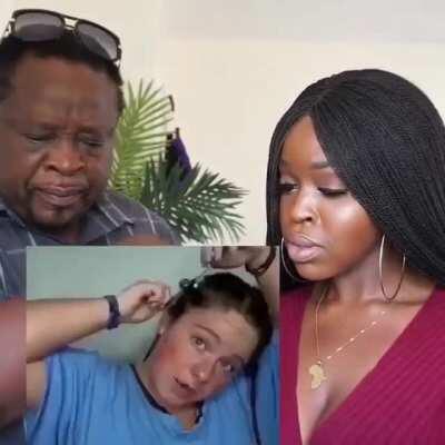 Girl sews corn into her hair to make cornrows