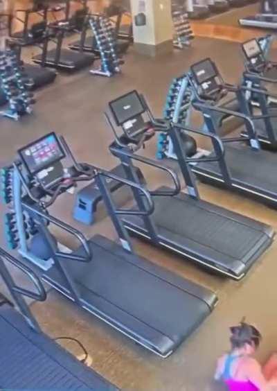 Chick has a wardrobe malfunction while running in the gym