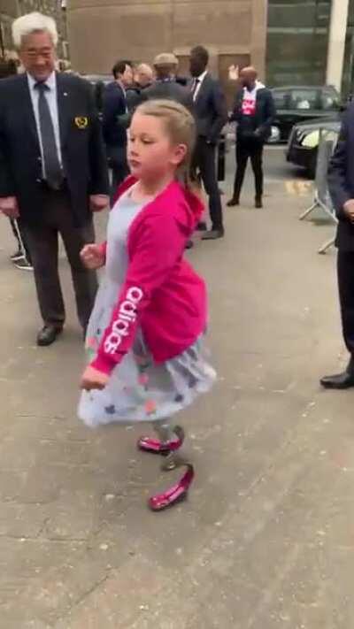 Maisie Catt is a double amputee, but she doesn’t let that stop her from kicking butt. This is her sharing her form in front of World Taekwondo President Choue Chung.