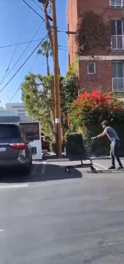 The guy didn't return the shopping cart and the security man had to play a game.