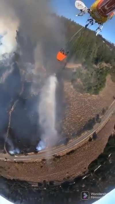 POV aerial firefighting with spot on maneuvering.