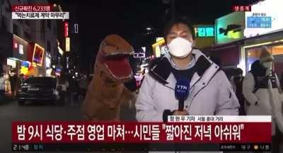 T-rex steals the show during a news report