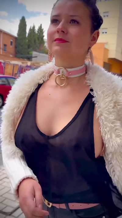 Wearing a see through top in public braless, walking, seeing tits jiggle.