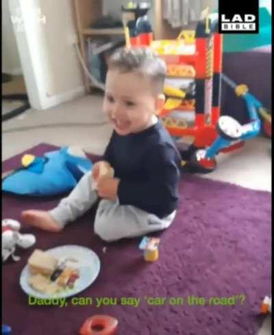 This 2 year old mocking his dad's accent