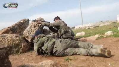 Syrian soldiers come under intense fire while advancing on the town of Kafr Halab in Western Aleppo (February 16th, 2020)