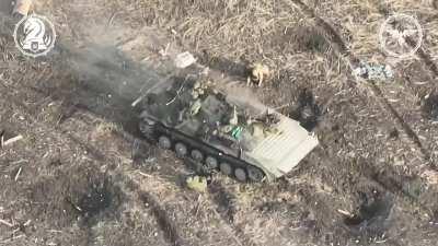 Longer video of the russian BMP-1 with infantry on top struck by a Ukrainian FPV drone, the survivors are killed by gunfire in Berdychi, Donetsk Oblast (Published by 47th Mechanized Brigade, April 2024)