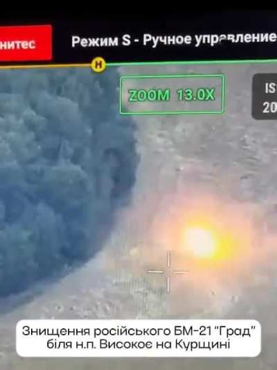 An FPV drone of the 103rd Territorial Defense Brigade destroys a Russian BM-21 Grad after it fired it's load near Vysokoe, Glushkovsky District, Kursk Oblast