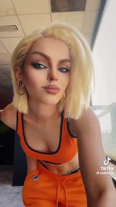 Android 18 dressed as goku.