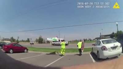 2016: Police officer attempts to chase down and falsely arrest a police brutality protestor in Colorado. Superior officer steps in to discipline his subordinate.