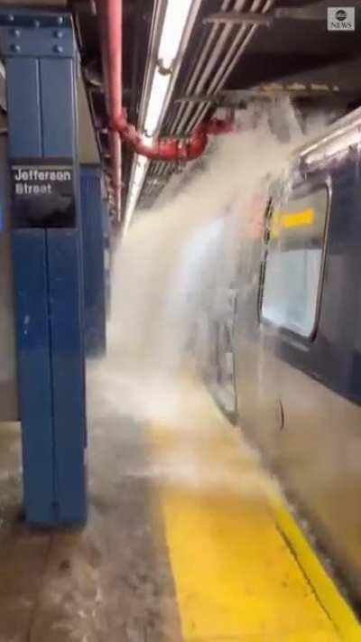 Water cascades onto a New York City subway train as remnants of Hurricane Ida bring flooding rain to the Northeast