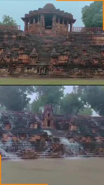 Iconic Sun Temple in India on a rainy day.