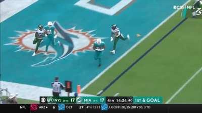 Miami DE Christian Wilkins lines up as a FB, and catches a short TD followed by a great celebration. NYJ@MIA