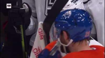 Draisaitl goes over to Kings bench pretends to wipe a tear off his face 
