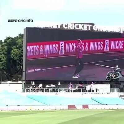 Things you would never see on a cricket ground. David Warner landed in a helicopter for a BBL match.