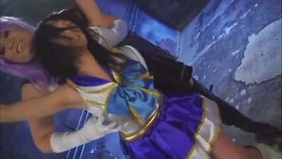 Japanese superheroine upper body tickled. 