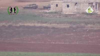 Mountain Hawks Brigade TOW hit on 2 BMP's, second one comes to rescue, cooks off, Syria, S.Aleppo, 2015