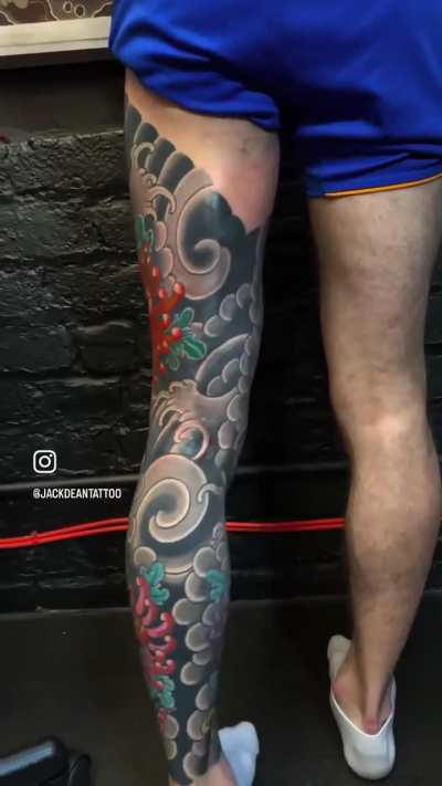 Hannya, snake and chrysanthemum leg sleeve by Jack Dean @jackdeantattoo