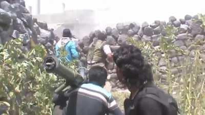 A group of Opposition fighters is engaged by accurate return fire &amp;amp; followed by a grenade - Daraa - 5/2/2013