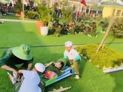 Preschoolers enjoy mock battle in a Vietnamese kindergarten