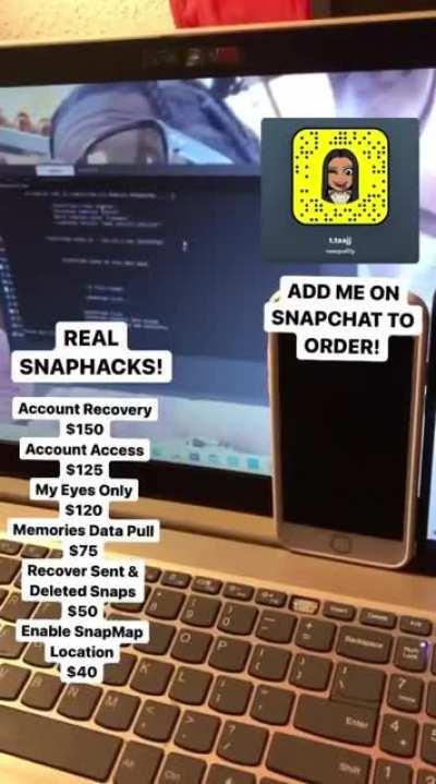 contact @naequality on snapchat to order hacks for social media's like snapchat, instagram, tiktok, onlyfans , twtter , facebook & more! Hit The Telegram Group Link In Comments!