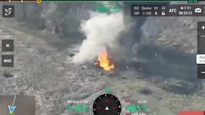 Russian vehicle explodes sending burning soldiers flying through the air