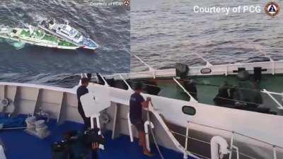 The crew of Philippine Coast Guard Parola-class MRRV-4407 scrambles to protect their ship from a collision with a Chinese Coast Guard ship. During the interdiction of a resupply run to BRP Sierra Madre.