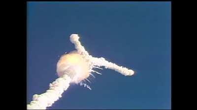 Chilling footage of the Shuttle Challenger disaster.