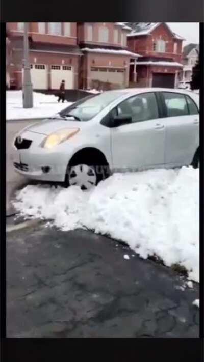 Guy attempts to steal package but gets caught. When he drives away his car gets stuck in snow.