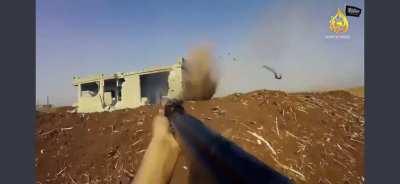 GoPro footage of Khatibat al-Ghuraba al-Turkistani fighter engaging SAA fighters at close range, during the 2019 Idlib offensive. Syria.