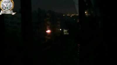 FSA fighters use high-caliber tracers to start a fire in an SAA occupied apartment building - Barzeh, Damascus - 6/29/2013