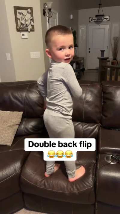 Kid shows his mom he van do a double backflip