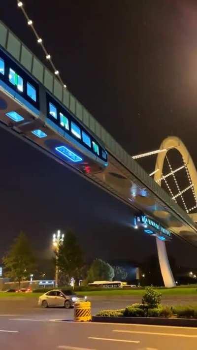 Monorail at night. Wuhan, China.