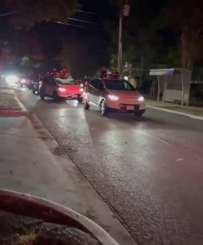 Numerous self-driving cars cause a major traffic jam in Austin, TX.