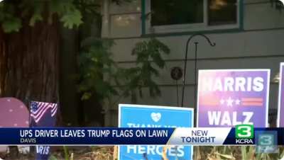 UPS Driver caught on camera leaving Pro-Trump Signs on Kamala Supporters Lawn while Delivering Packages