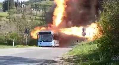 Public transport bus spitting fire