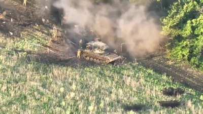 A Russian BMP-2 with a landing force makes an unsuccessful attempt to slip through a minefield near the village of Berestovoye in the Kupyansky district of the Kharkiv region, Kupyansk direction.