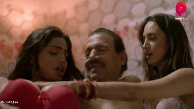 Bharti Jha and another girl getting it on with the grandpa from the previous scenes, last scene from Babuji, 40 years age difference, part 3 of 5