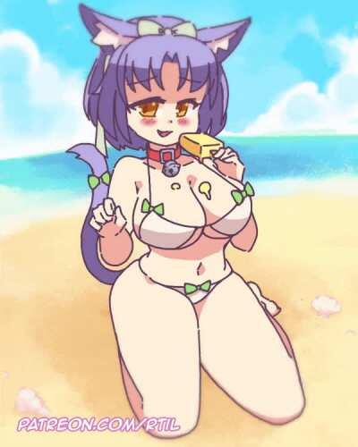 Cinnamon enjoying a cold treat at the beach