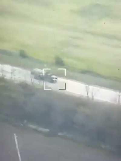 Ukrainian fixed-wing attack drone chases down a Russian Ural-4320, hitting the truck in the cab, south of Ukraine