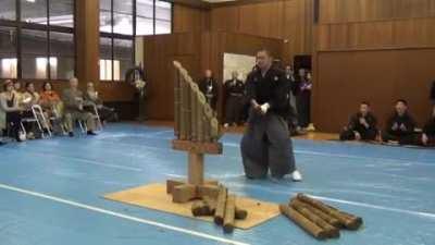 A samurai slicing perfectly through a stack of bamboo