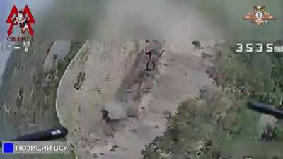 RU POV: Russian drones from the SPARTA unit drop multiple high-explosive munitions on a UAF hilltop trench position.