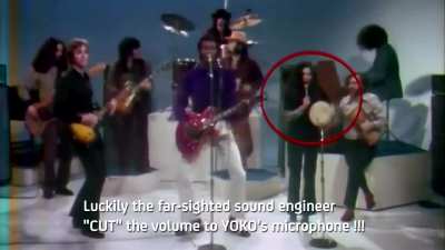 Sound engineers turn Yoko Ono's mic off mid performance to stop her from ruining a legendary performance between John Lennon and Chuck Berry in 1972.