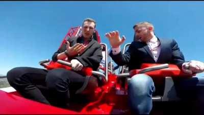 Nice landing bird. bird Flys into man riding roller coaster.