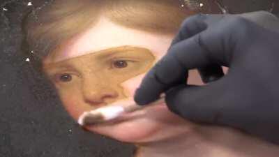 Removing discolored varnish from an old painting (Baumgartner Restoration)