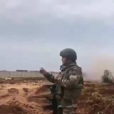 Turkish army T-122 firing rockets at Syrian regime forces in Idlib, Syria. February 2020.