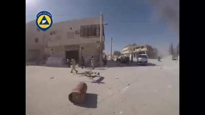 Cameraman is blown off his feet by an extremely close Russia airstrike. Sarmin, idlib Syria. 2015